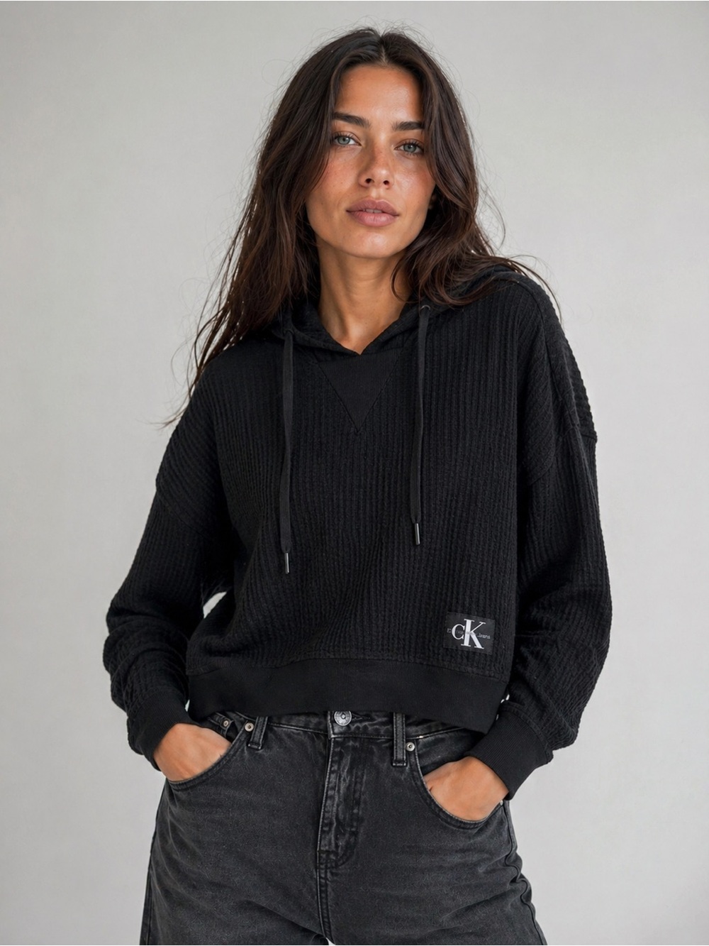 Calvin Klein Jeans Cropped Black Waffle Knit Hoodie w/ Drawstring Logo Size M